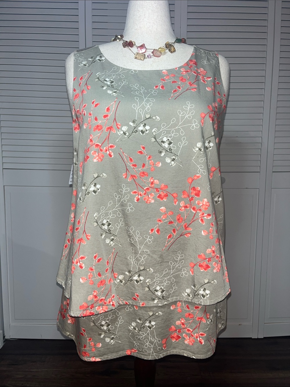 DG2 by Diane Gilman Taupe Tunic with Coral & Ivory Floral Print
